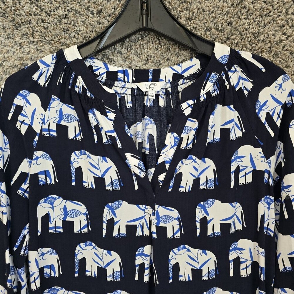 Crown & Ivy Top Womens XS Navy Blue Peasant Blouse Elephant Print Casual Ladies - Picture 4 of 7